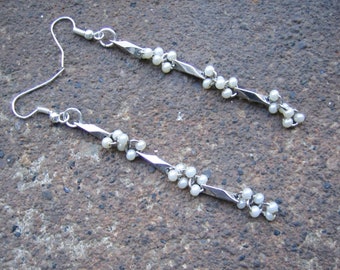 Eco-Friendly Dangle Earrings - Dripping With Elegance - Recycled Vintage Silvertone Bar Connectors & Clusters of Tiny White Plastic Pearls