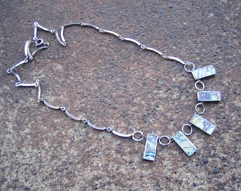 Eco-Friendly Unique Necklace - Esplanade - Recycled Vintage Sivertone Metal Curved Bar Chain & Clasp, Rectangular Inlaid Abalone Beads