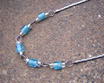 Recycled Vintage Chain Necklace - Aqua Glass Bead, Silvertone