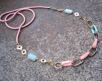 Eco-Friendly Statement Necklace - Concerto in Pink - Recycled Vintage Enamel Chain, Glass Beads, Goldtone Metal Disks & Links (Pink, Green)