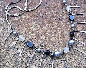 Recycled Vintage Chain Necklace – Frosted Glass Beads, Metal Dangles - Meteor Storm