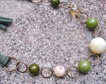 Eco-Friendly T-Shirt Yarn Necklace - Khaki Green, Vintage Beads - Give Peace a Chance