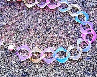Eco-Friendly Unique Statement Necklace - Pastel Suite - Recycled Vintage Silvertone Metal Chain, Translucent Plastic Links & Pink Beads