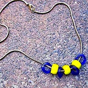 Come With Me Now Necklace - handmade using recycled, vintage, goldtone metal snake chain,  clasp, yellow & blue glass beads - eco-friendly