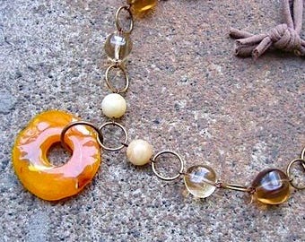 Recycled T-Shirt Yarn Necklace – Vintage Faux Stone Pendant - Talisman