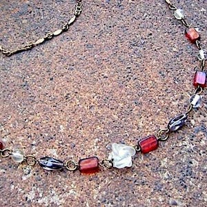 Splendor in the Glass Necklace - Unusual Recycled Vintage Brass Chain & Clasp with Red, Clear and Gray Glass Beads in Different Shapes