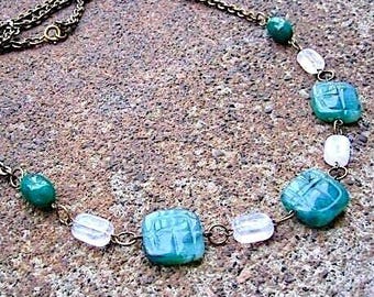 Vintage Brass Chain Necklace – Carved Faux Jade & White Beads -Jaded Outlook