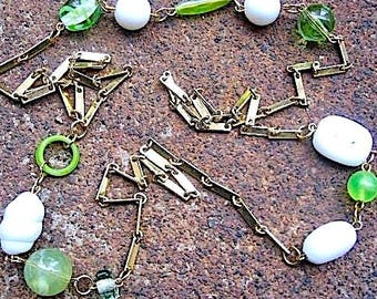 Vintage Goldtone Chain Necklace – Recycled Green & White Beads - She Put the Lime in the Coconut