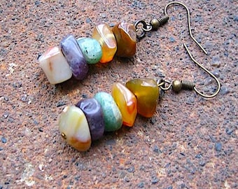 Eco-Friendly Dangle Earrings - Cast in Stone - Handmade Using Short Stacks of Recycled Colorful Vintage Faux Stone Nugget Beads