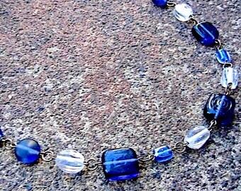Recycled Brass Mesh Necklace – Vintage Blue Glass Beads