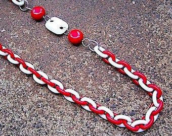 Eco-Friendly Statement Necklace - Candy Cane- Recycled Vintage Plastic Oval Link Chain, Bright Red & Pearlized White Beads