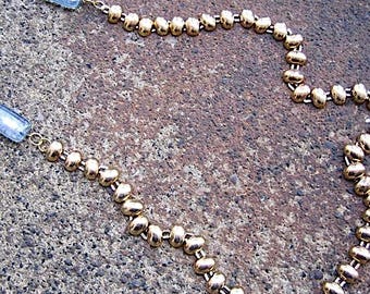 Eco-Friendly Statement Necklace - Gold Rush - Two Types of Recycled Vintage Goldtone Metal Chain and Rectangular Light Blue Glass Beads