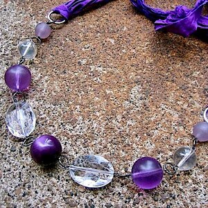 Leap of Faith Sari Silk Necklace - Handmade Using Soft, Unfinished Ribbon and Vintage Purple and Clear Beads - Unique Statement Bild 1