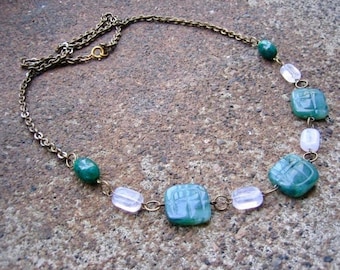 Eco-Friendly Unique Statement Necklace - Jaded Outlook - Recycled Vintage Brass Chain & Clasp with Carved Faux Jade and Frosted White Beads