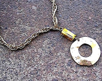 Recycled Goldtone Chain Necklace – Vintage Glass Bead, Hammered Pendant