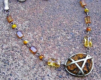 Recycled Snake Chain Necklace – Vintage Glass Beads & Agate Pendant - Rough Around the Edges