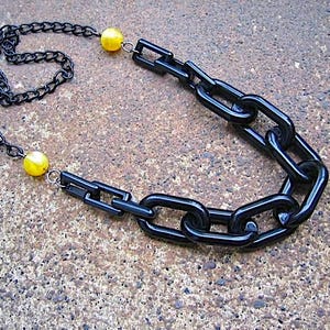 Eco-Friendly Statement Necklace - Linked In - Recycled Vintage Black Metal Chain, Rectangular & Oval Plastic Links, Honey-Colored Beads