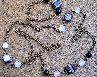 Eco-Friendly Boho Necklace – Recycled Vintage Brass Chain, Glass Beads - Moving Heaven & Earth