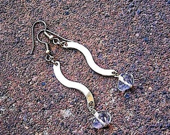 Eco-Friendly Dangle Earrings - Ahead of the Curve - Recycled Vintage S Shaped Flat Goldone Metal Findings & Clear Plastic Bicone Beads