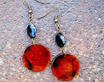 Eco-Friendly Dangle Earrings - Swirl Effect - Recycled Vintage Flat Brown Plastic Disks with Splashes of Black and Wavy Glass Beads