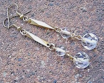 Recycled Dangle Earrings – Vintage Goldtone, Clear Crystal Beads - Cutting Edge