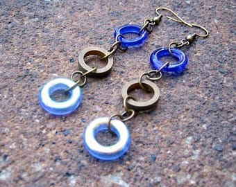 Recycled Vintage Glass Dangle Earrings - Iridescent Blue & Brass Hoops - Blue Me Away