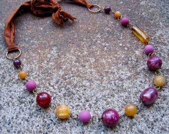 Eco-Friendly Silk Ribbon Statement Necklace - In Your Own Sweet Time - Ribbon from Recycled Saris, Vintage Beads in Purple, Brown & Caramel
