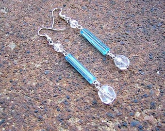 Vintage Glass Crystal Dangle Earrings – Light Blue Tube Beads - Clear Skies