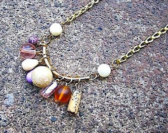 Eco-Friendly Beaded Necklace – Recycled Goldtone Chain, Purple & Tan Beads