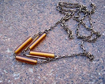 Vintage Brass Chain Necklace - Brown & Gold Glass Tube Beads - Get to the Point