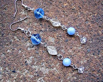 Recycled Vintage Blue and Clear Glass Bead Dangle Earrings - Touch the Sky