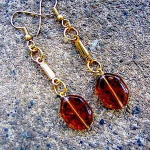 Harbinger - Eco-Friendly Dangle Earrings  - Vintage Goldtone Metal Bars & Brown Glass Beads