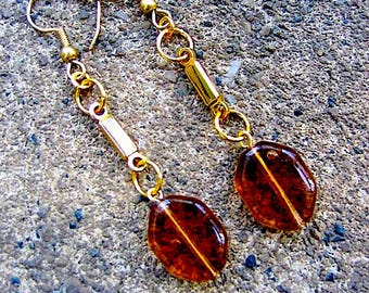 Harbinger - Eco-Friendly Dangle Earrings  - Vintage Goldtone Metal Bars & Brown Glass Beads