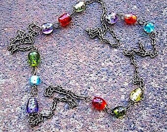 Recycled Vintage Brass Chain Necklace – Colorful Foil Glass Beads, Eco-Friendly Statement Piece