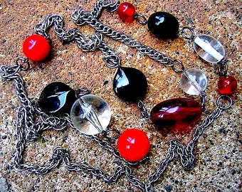 Eco-Friendly Silvertone Chain Necklace – Red & Black Vintage Beads - Film Noir