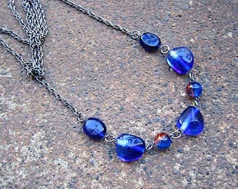 Recycled Silvertone Chain Necklace – Vintage Blue Glass Beads, Handmade