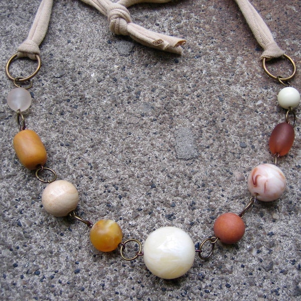 Caramel Mocha Latte T Shirt Yarn Necklace - Recycled Vintage Beads in Brown, Tan,  Vanilla and Honey (Eco-Friendly Statement)