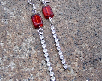 Eco-Friendly Dangle Earrings (Pierced Ears) - Puttin' On The Ritz - Recycled Vintage Ruby Red Glass Beads, Clear Prong-Set Rhinestone Strips
