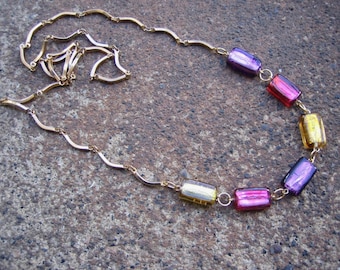 Eco-Friendly Statement Necklace - Paradox - Recycled Vintage Curved Bar Goldtone Metal Chain, Foil-Centered Glass Beads in Gold, Purple  Red