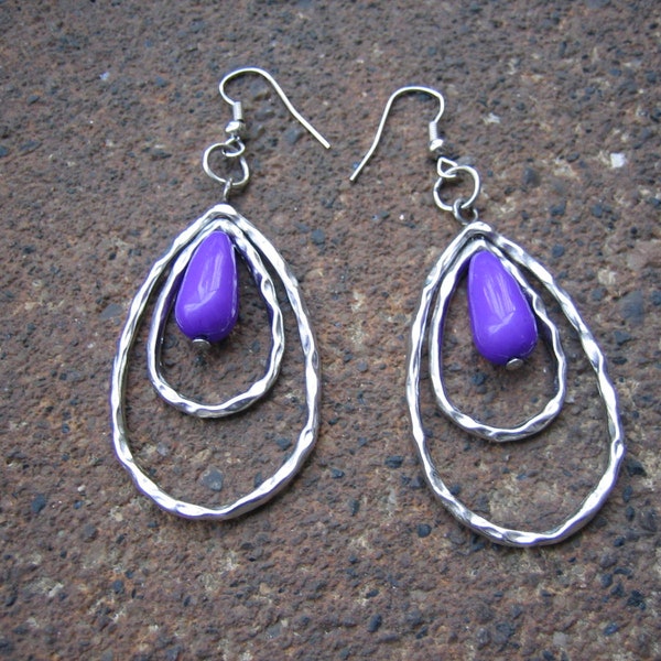 Eco-Friendly Dangle Earrings (Pierced Ears) - Flourish in Purple - Recycled, Vintage, Hammered Metal Findings & Shiny, Purple Plastic Beads