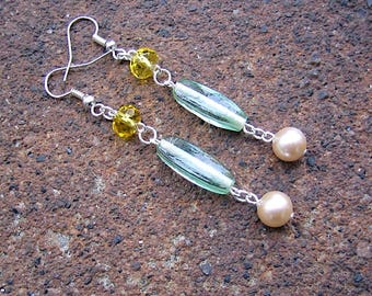 Recycled Vintage Glass Bead Dangle Earrings – Green, Yellow & White