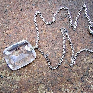 Eco-Friendly Unique Pendant  Necklace - Clear Cut - Recycled Vintage Silvertone Metal Chain & Clasp, Rectangular Glass Pendant