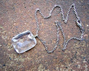 Eco-Friendly Unique Pendant  Necklace - Clear Cut - Recycled Vintage Silvertone Metal Chain & Clasp, Rectangular Glass Pendant