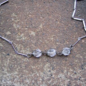 Eco-Friendly Statement Necklace Crystal Healing Recycled, Vintage, Silvertone Metal Bar Chain, Trio of Wire-Wrapped Clear Glass Crystals image 4