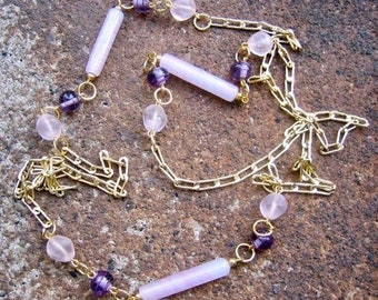 Eco-Friendly Statement Necklace - Aria - Recycled Delicate Vintage Goldtone Metal Chain, Glass Beads in Pale Shell Pink & Purple