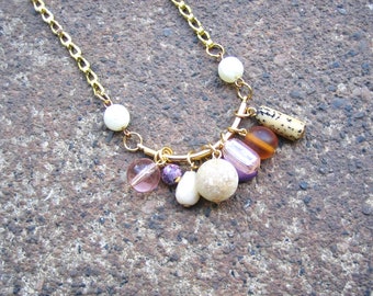 Eco-Friendly Necklace - Grains of Sand - Recycled Vintage Goldtone Metal Chain, Curved Bar, Dangling Purple, Off-White, Brown & Tan Beads