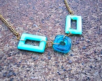 Recycled Vintage Chain Necklace - Blue Glass Geometric Beads - Shape Shifting
