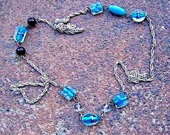 Recycled Silvertone Chain Necklace - Aqua & Black Glass Beads - Splash