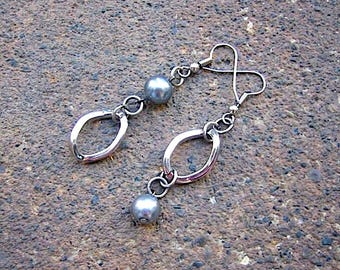 Eco-Friendly Dangle Earrings, Vintage Silvertone, Grey Glass Pearls