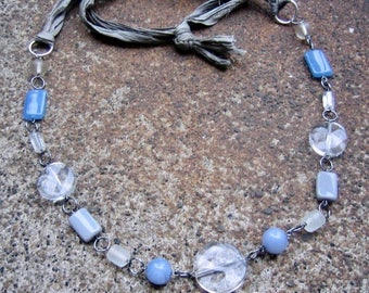 Eco-Friendly Sari Silk Ribbon Statement Necklace - Sky Fall - Recycled, Soft Silk Ribbon and Vintage Beads in Clear, Grey and Light  Blue